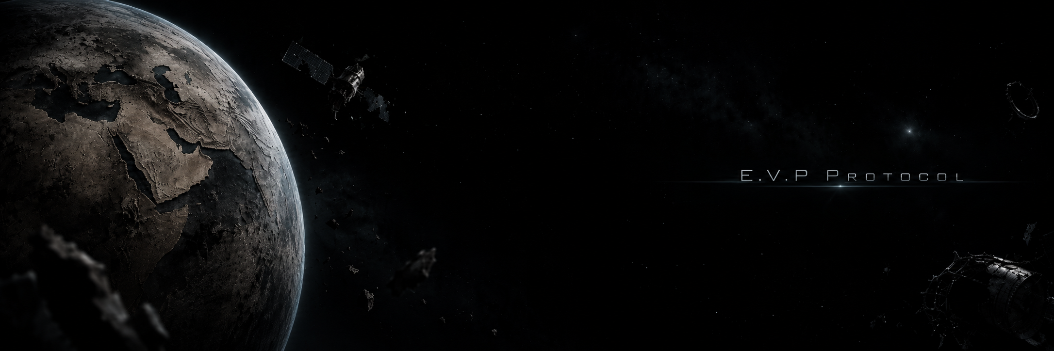 Earth without water beneath a star-filled sky, with the E.V.P Protocol title across the open space.